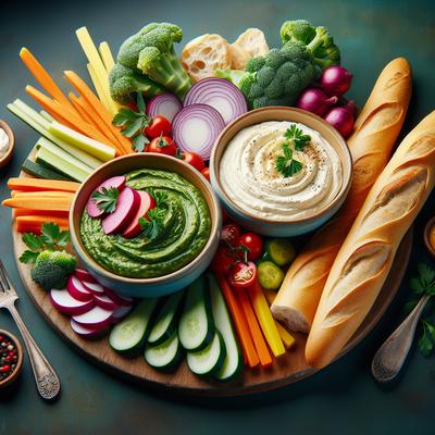Image of 2 Vegetarian Dips Served W Crudites Baguette Bread