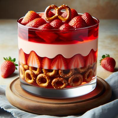 Image of 3 Layer Strawberry Jello with Pretzels