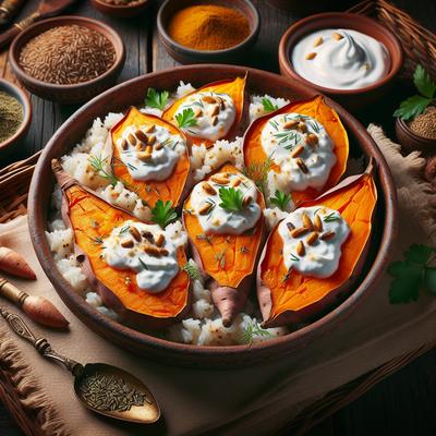 Image of Baked Sweet Potatoes with Yogurt Rice Topping