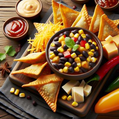 Black Bean and Corn Wontons with 3 Cheese Sweet Pepper Sauce