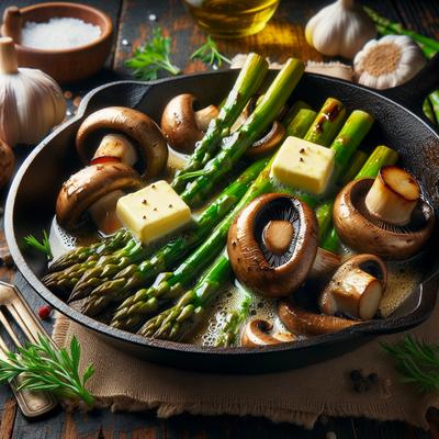 Image of Buttery Pan Roasted Mushrooms and Asparagus