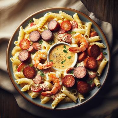 Image of Cajun Shrimp and Sausage with Cheese Sauce and Pasta