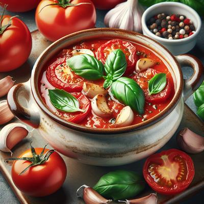 Image of Chilled Tomato Roasted Garlic and Basil Soup