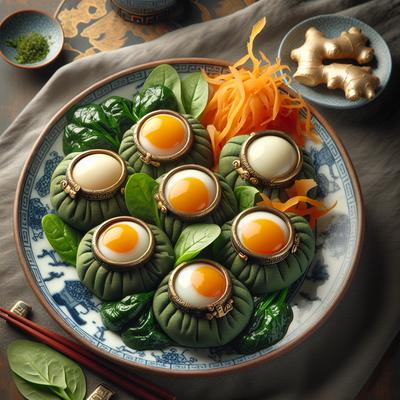 Image of Chinese Coin Purse Eggs with Ginger Spinach
