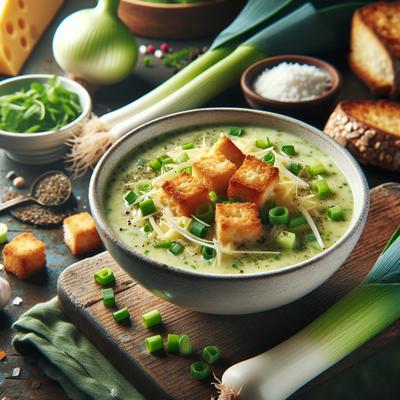 Image of Cream of Leek and Herb Soup with Cheese Croutons