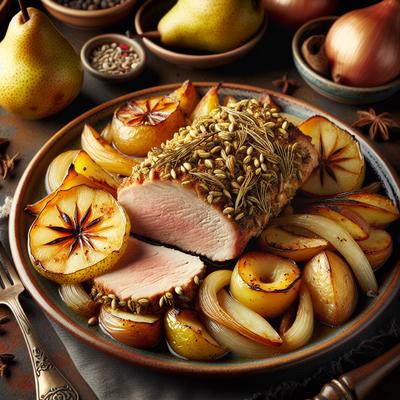 Image of Fennel Crusted Pork Loin with Roasted Pears Potatoes and Onions