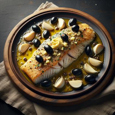 Image of Fish Fillet with Garlic Butter and Black Olives