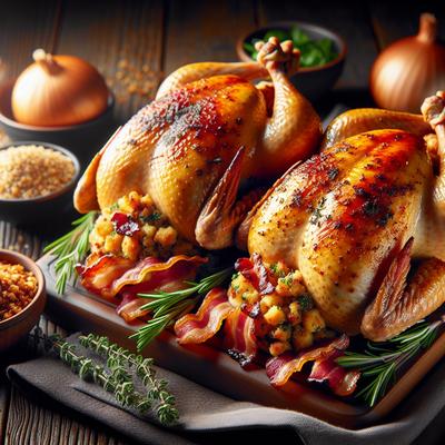 Golden Cornish Game Hens for 2 Bacon Herb Bread Stuffing
