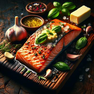 Image of Grilled Cedar Plank Salmon with Garlic Basil Butter