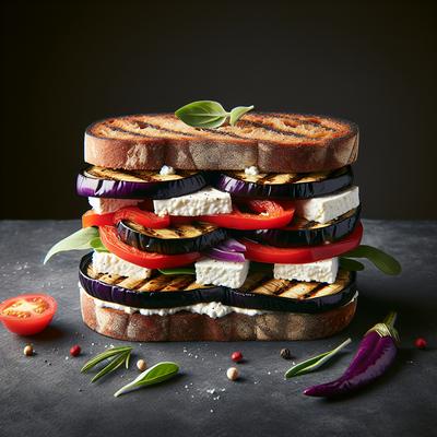 Image of Grilled Eggplant Red Pepper Goat Cheese Pumpernickel Sandwich