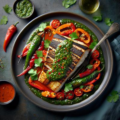 Image of Grilled Mahi Mahi with Roasted Pepper Sauce and Cilantro Pesto