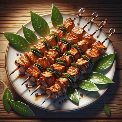 Image of Grilled Meat Skewers with Bay Leaves