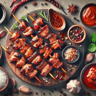 Image of Grilled Pork Skewers with Smoked Red Curry Bbq Sauce