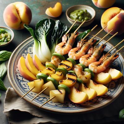 Image of Grilled Shrimp Satay with Peaches and Bok Choy