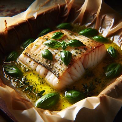 Image of Halibut in Parchment with Basil Oil