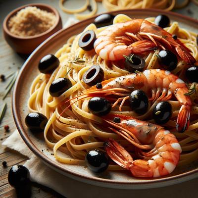 Image of Linguine with Grilled Shrimp and Black Olives