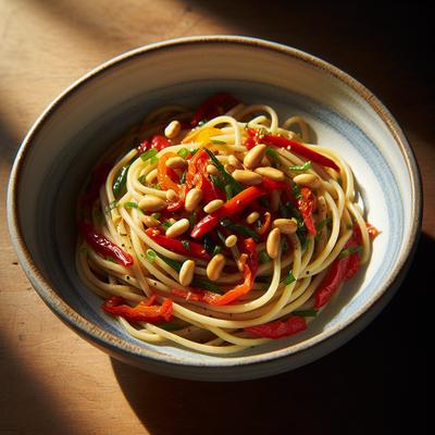 Image of Linguine with Red Peppers Green Onions and Pine Nuts
