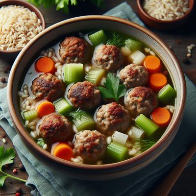 Image of Meatball Soup with Vegetables and Brown Rice