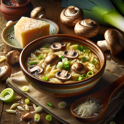Image of Orzo Soup with Mushrooms Parmigiano Cheese and Leeks