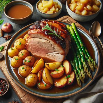 Image of Oven Pork Roast with Applesauce Baby Potatoes Gravy and Aspara