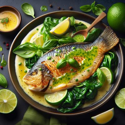 Image of Pan Fried Tilapia with Lime Basil Beurre Blanc on a Bed of Wilt