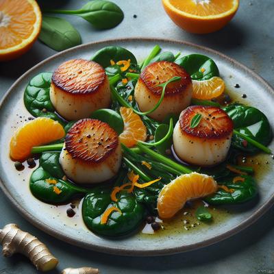 Image of Pan Seared Scallops with Ginger Orange Spinach Cooking Light