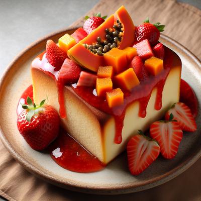 Image of Papaya and Strawberry Coulis Over Pound Cake