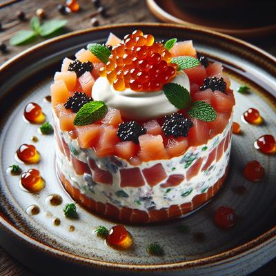 Image of Parfait of Salmon and Tuna Tartare Caviar and Creme Fraiche