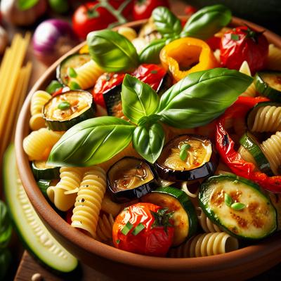 Image of Pasta with Roasted Summer Vegetables and Basil