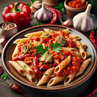 Image of Penne with Roasted Red Pepper Artichoke Garlic Puree