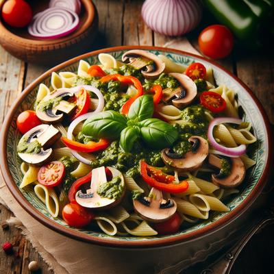 Image of Pesto Pasta with Mushrooms Onions and Red Bell Peppers