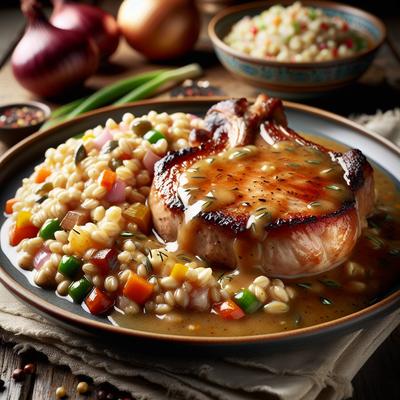 Image of Pork Chops with Barley Pilaf and Onion Gravy