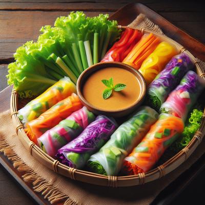 Image of Rainbow Summer Rolls with Peanut Sauce