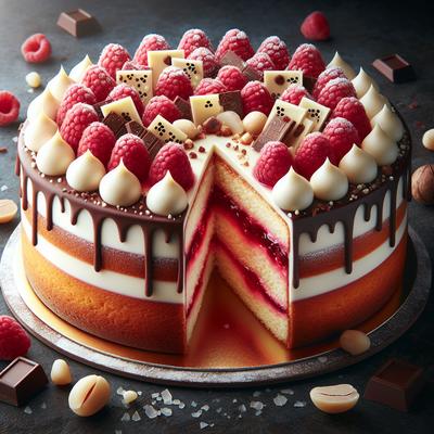 Image of Raspberry Filled Cake with White Chocolate and Macadamias