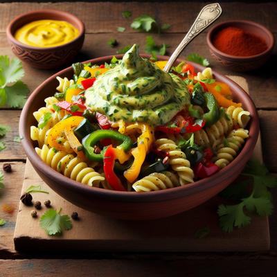 Image of Rasta Pasta in a Boat with a Cilantro Cream Sauce