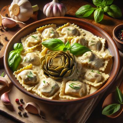 Image of Ravioli with Alfredo Sauce and Artichokes