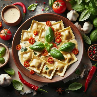 Image of Ravioli with Creamy Basil Red Pepper Sauce