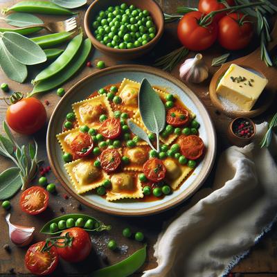 Image of Ravioli with Peas Tomatoes and Sage Butter Sauce
