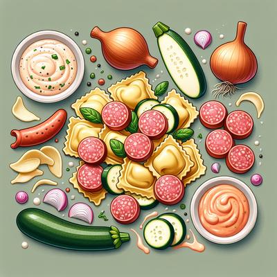 Image of Ravioli with Smoked Sausage Zucchini and Onions in Rosa Sauce