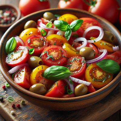 Image of Red and Yellow Tomato Salad with Basil Olives and Onions
