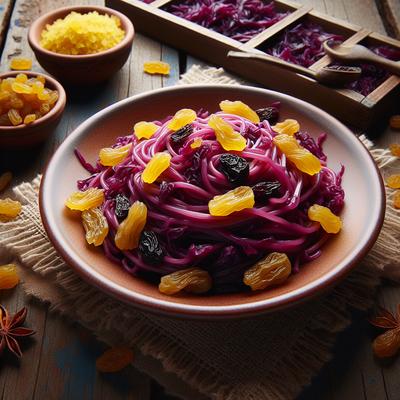 Image of Red Cabbage Spaghetti with Golden Raisins