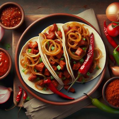 Image of Red Chile Pork Tacos with Caramelized Onions