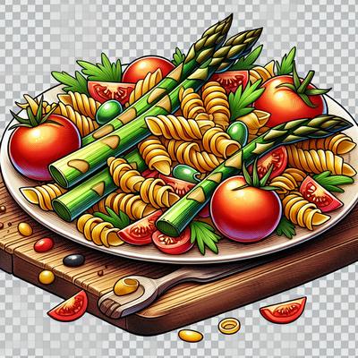 Image of Red Gold and Green Asparagus Tomato Pasta Salad