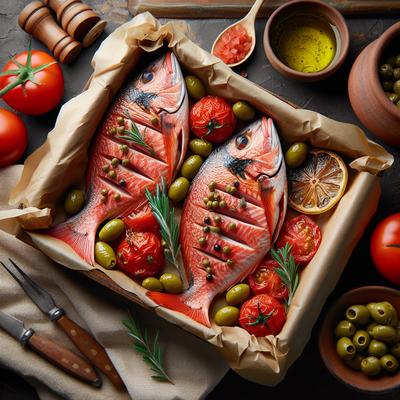 Image of Red Snapper Fillets in Packages with Tomatoes Olives Capers