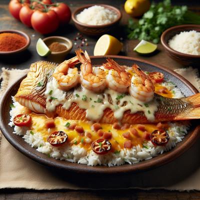 Image of Redfish with Shrimp Topping and Mexican Blend Cheese Over Rice