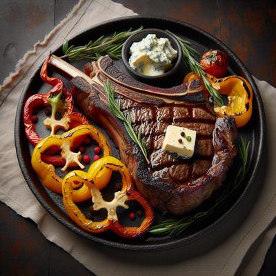 Image of Rib Eye Steaks with Grilled Peppers and Gorgonzola Butter