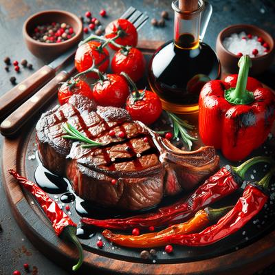 Image of Rib Eye Steaks with Roasted Red Peppers and Balsamic Vinegar