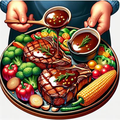 Image of Rib Eyes with Gravy and Vegetables