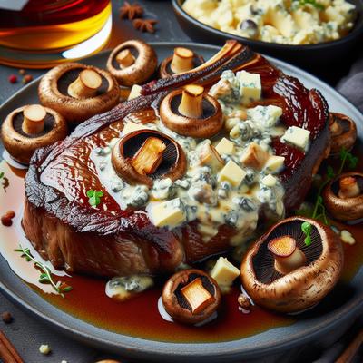 Image of Rib Eyes with Whiskey Blue Cheese Sauce and Mushrooms