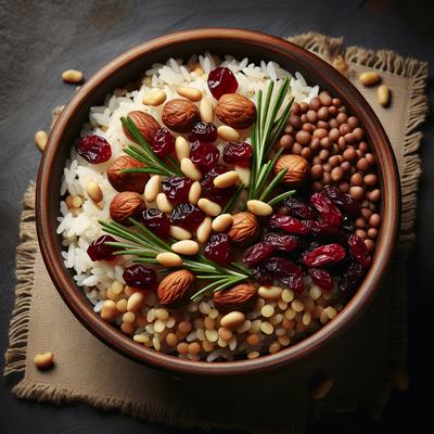 Image of Rice Lentils and Dried Cranberries Garnished with Pine Nuts